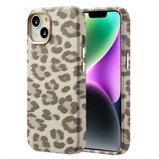 Hoesje met panterprint in soft ivory en bruin voor iPhone 14. Gouden rand rondom de cameralens.