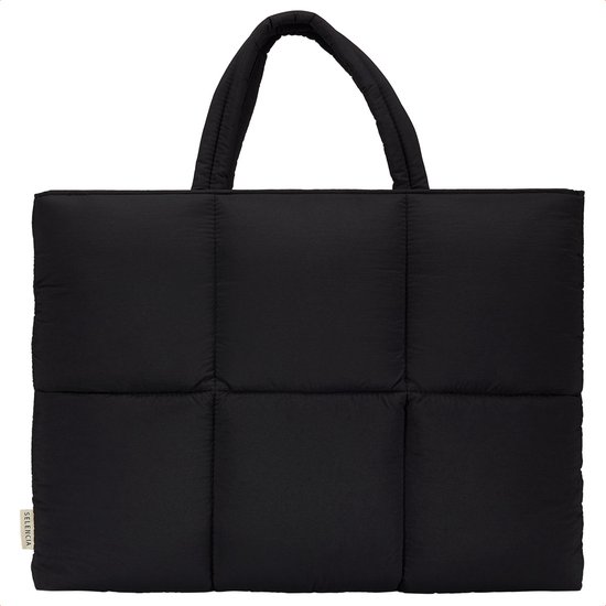 Zwarte Selencia Vaya puffy laptoptas met gewatteerd design en handgrepen.