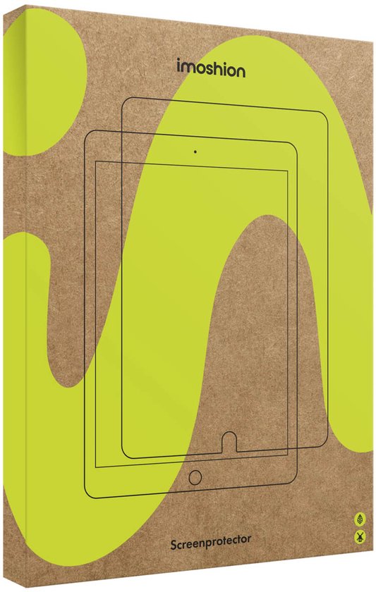Verpakking van de imoshion screenprotector. Bruin karton met gele abstracte vormen en een lijntekening van een tablet.