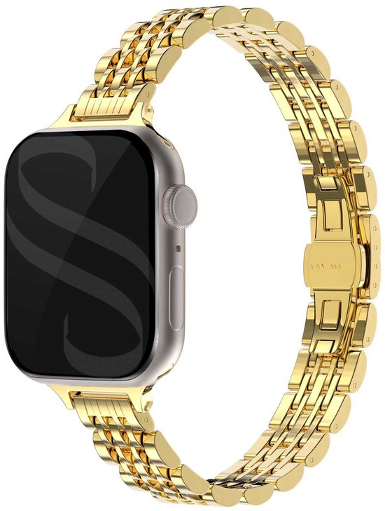Gouden horlogebandje van stalen schakels om een Apple Watch.