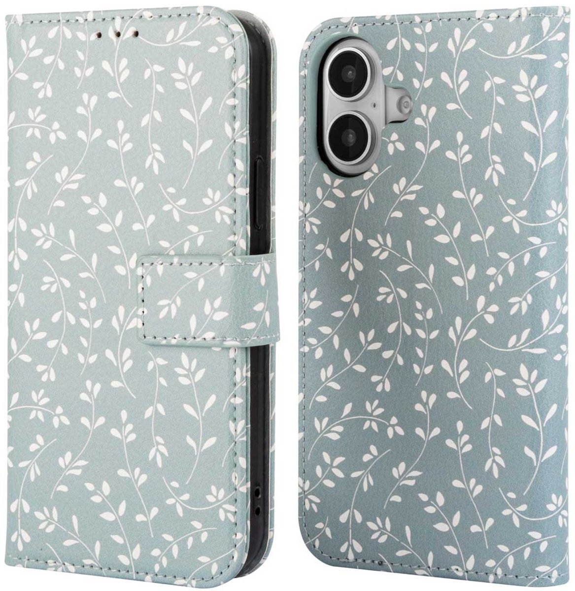 imoshion Hoesje - Geschikt voor Apple iPhone 16 - Design Bookcase smartphone - Smoke Green Flowers