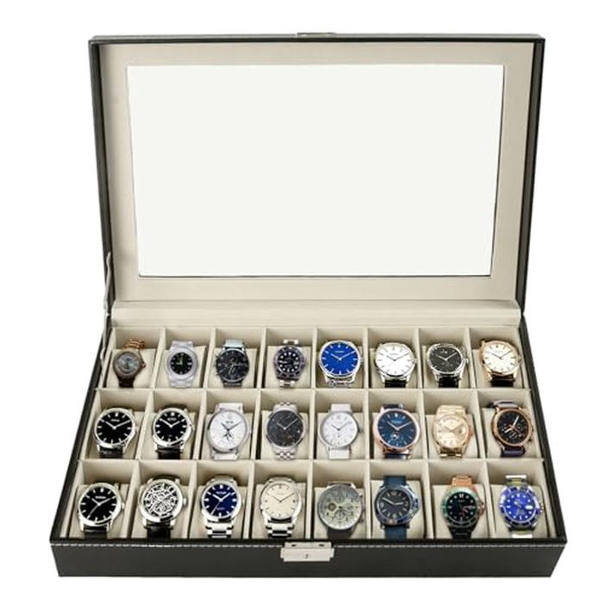 Elegante Horlogedoos met 24 Vakken en Glazen Deksel - Perfect voor Horlogeverzamelaars