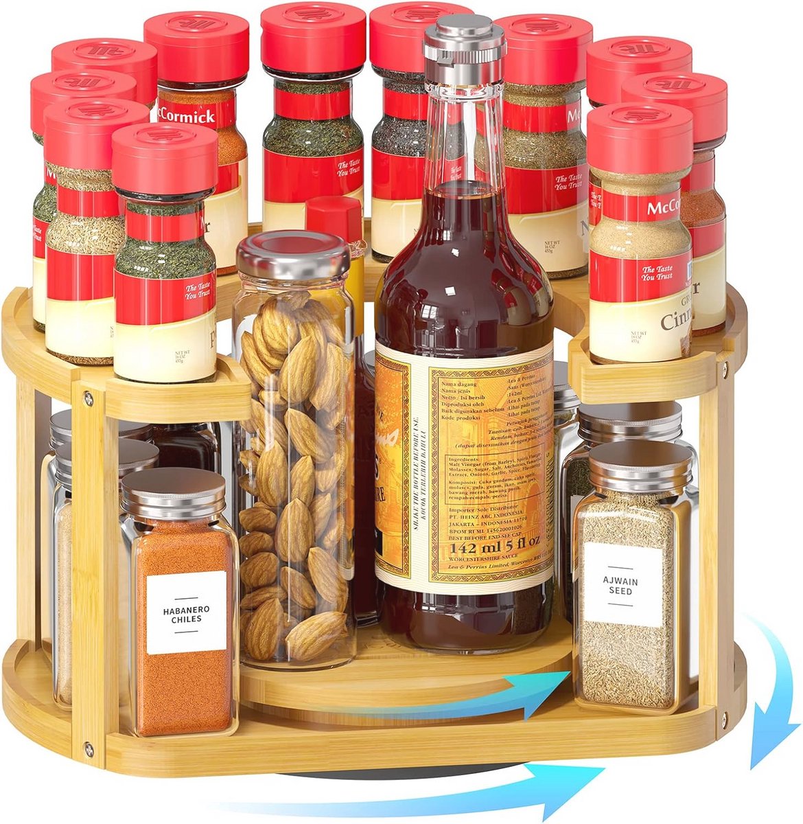 Kruidenrek Organizer voor Keukenkast en Aanrecht - Bamboe Lazy Susan met 2 Lagen