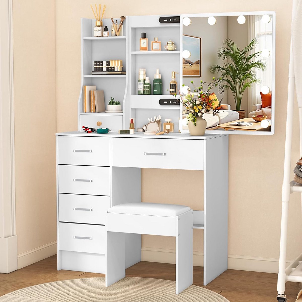 Kaptafel met LED Verlichting en Kruk - Make-uptafel met Grote Spiegel en Veel Opbergruimte