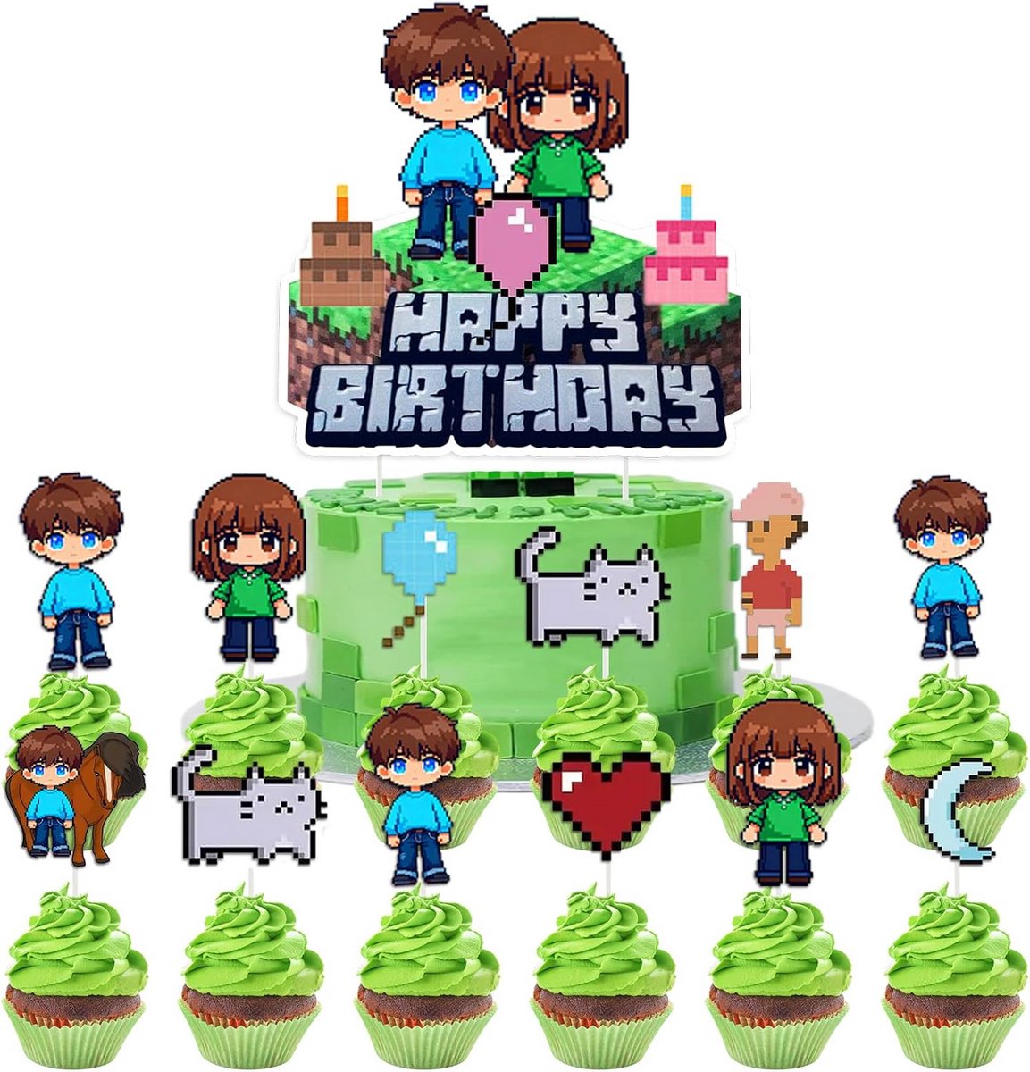25 Stuks Pixel Taartdecoratie voor Jongens - Videogame Taartdecoratie, Taarttopperset, Happy Birthday Decoraties voor Feesten