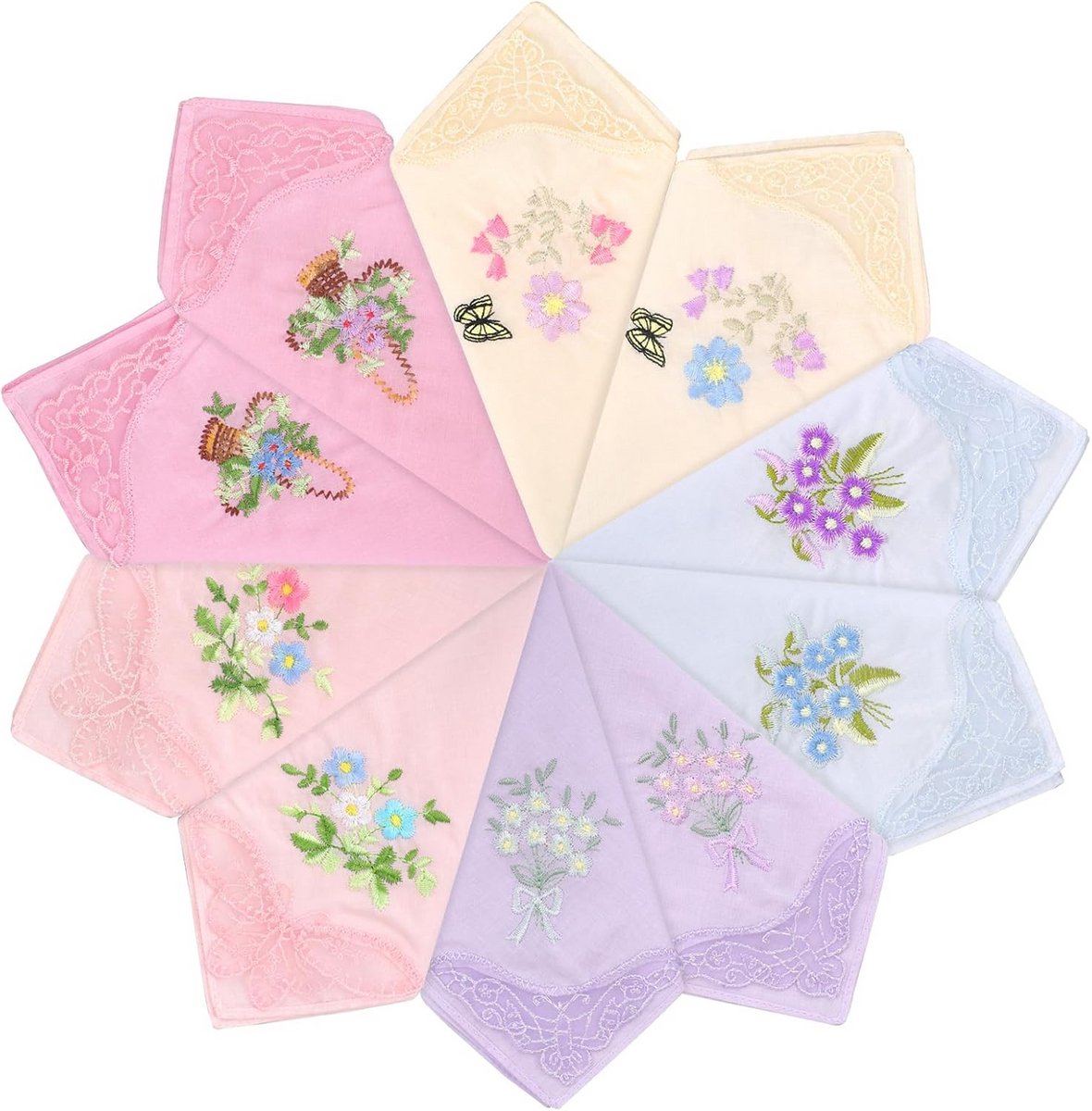 Katoenen Geborduurde Bloemen Zakdoeken - 10 Stuks Vintage Zakdoeken voor Dames