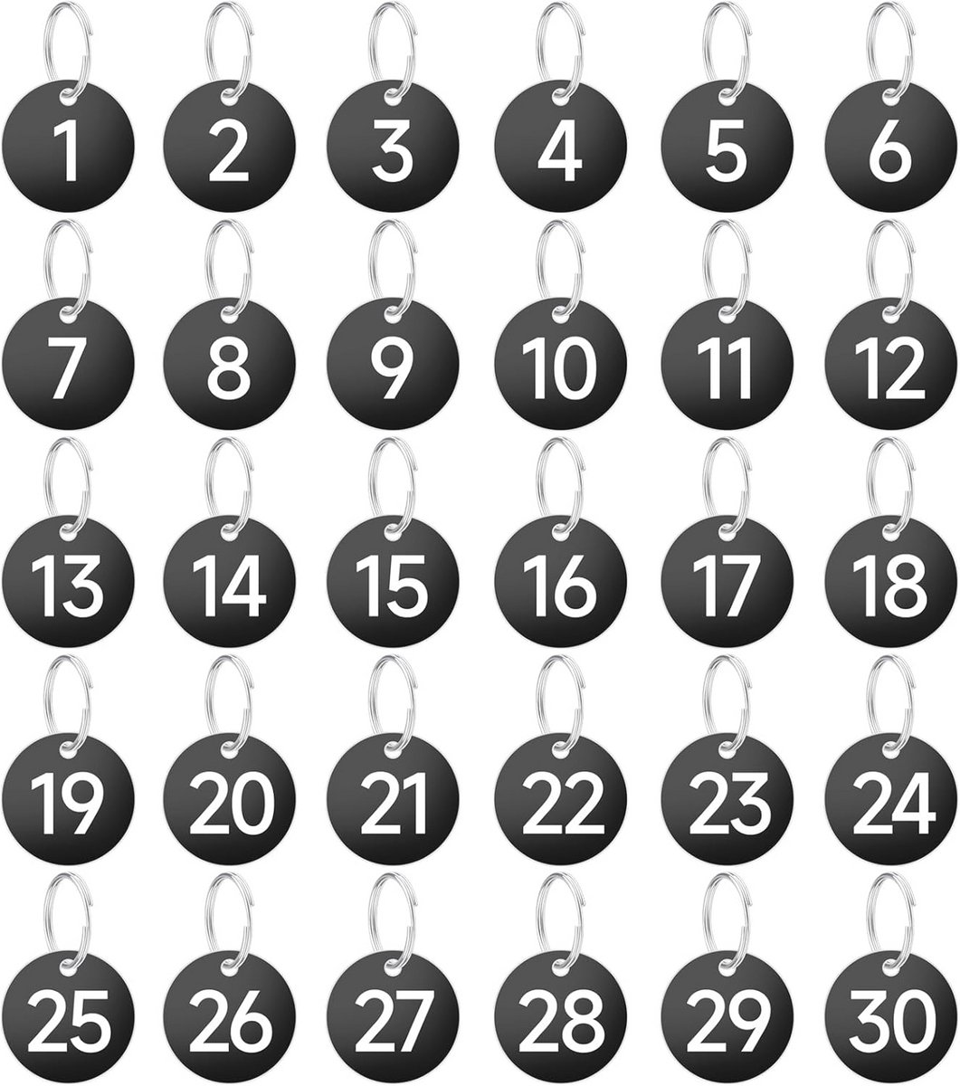 Cijferlabels 1-30 met sleutelringen - Genummerde sleutelhangers voor sleutels, kluisjes en meer - Blauw, 3,5 cm rond