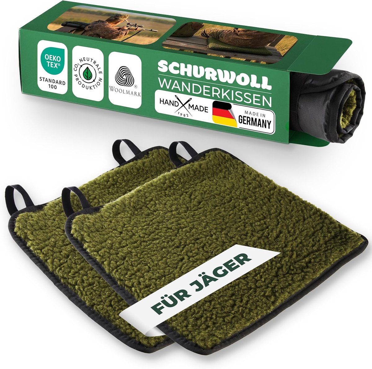 Novaliv 2-delige set jachtzitkussens, 38 x 38 cm, mosgroen, comfortabele zitkussens met waterafstotende PA-achterkant, bovenkant van zuivere wol, warm en ademend, voor hoge zitplaatsen, schuilhutten, schuilplaatsen tijdens de jacht en buite