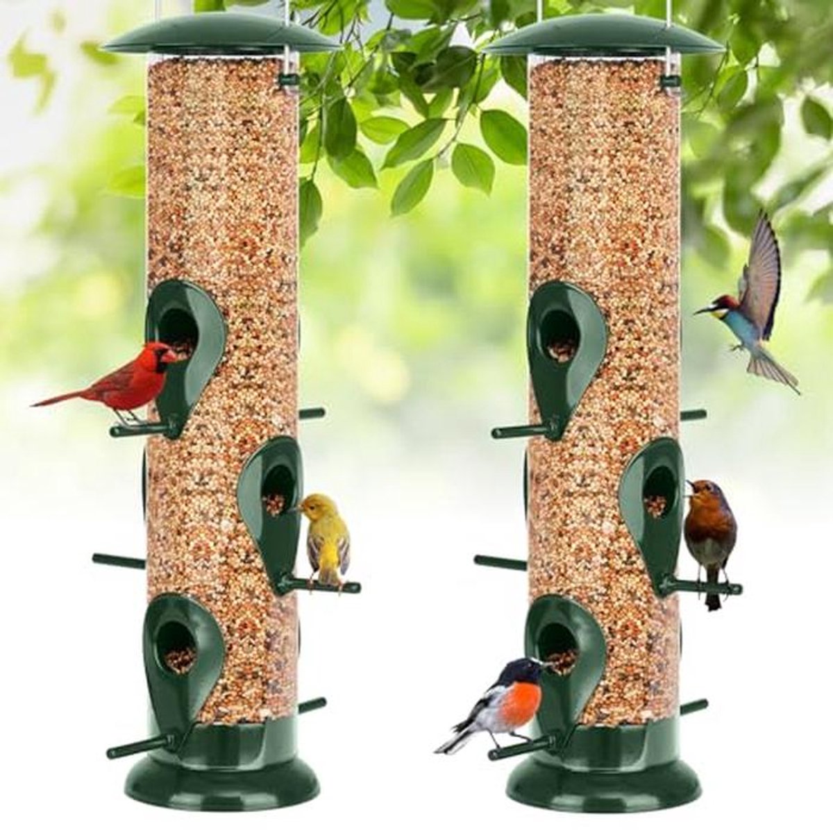 Zwarte metalen buis vogelvoederhuisjes - 2-pack, 6-poorts, eekhoornbestendig