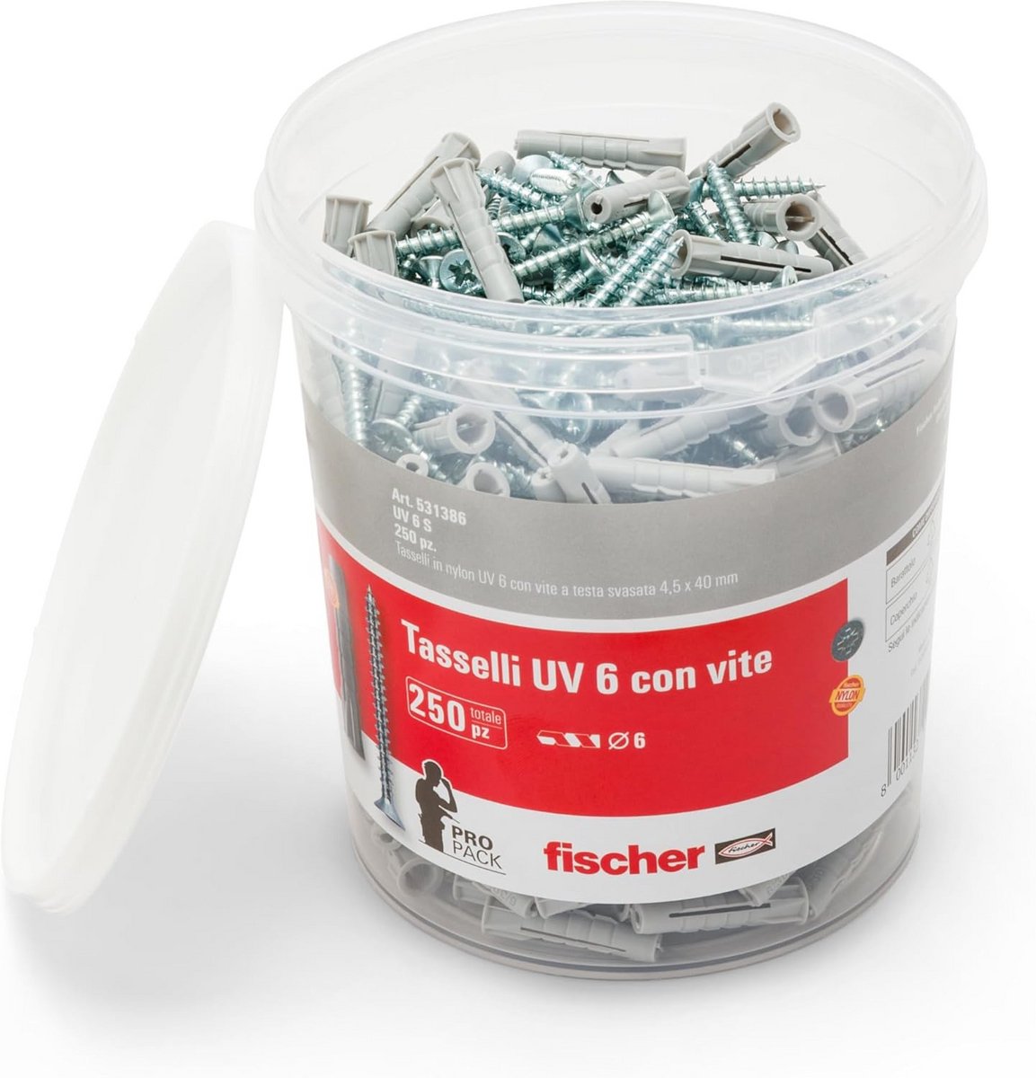 Fischer UV 6 S Emmer met 250 Pluggen en Schroeven - Ideaal voor Massieve en Geperforeerde Stenen