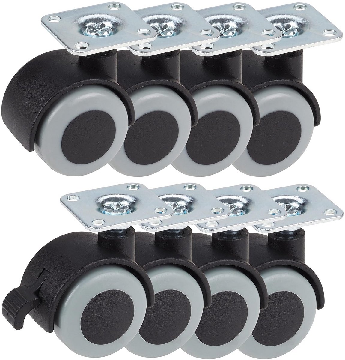 Set 8 Dubbele Zwenkwielen TPE met Montageplaat, 30kg Draagkracht