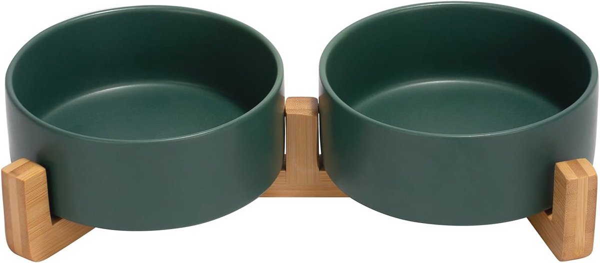 Dubbele Keramische Hondenvoerbak met Bamboe Standaard - 400 ml - Groene Kleur