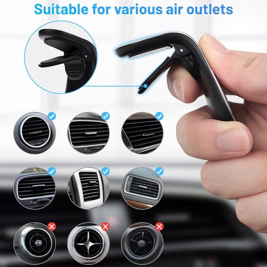 Zwarte magnetische autohouder met verstelbare clip, geschikt voor diverse ventilatieroosters. Twee varianten zijn niet geschikt.