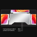 Zilverkleurige, opvouwbare monitor met vier schermen, met tekst over USB-C (VIDEO & POWER) en SS.