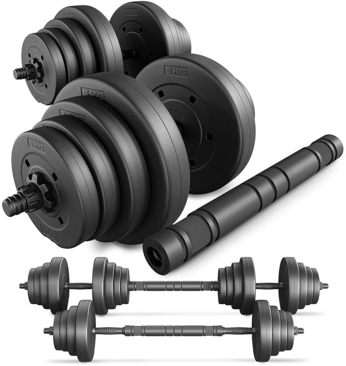 Trex Sport TX-020NO – Bitumen Halterset 2×20 kg met 25 mm – Stangen 54 cm & Connector – Verstelbar – Dumbbellset & Lange Halter – Voor Bodybuilding – 40 kg Totaal