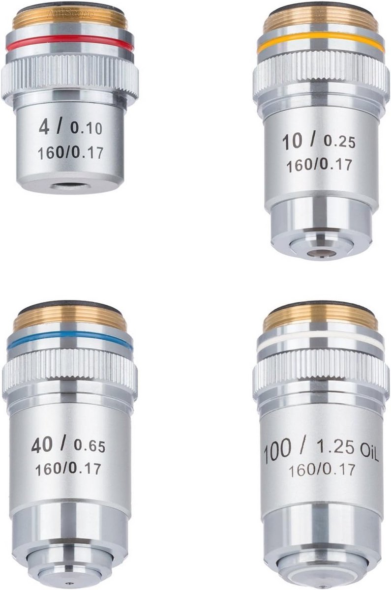 Objectievenset 4X-100X voor microscopen - vier achromatische objectieven
