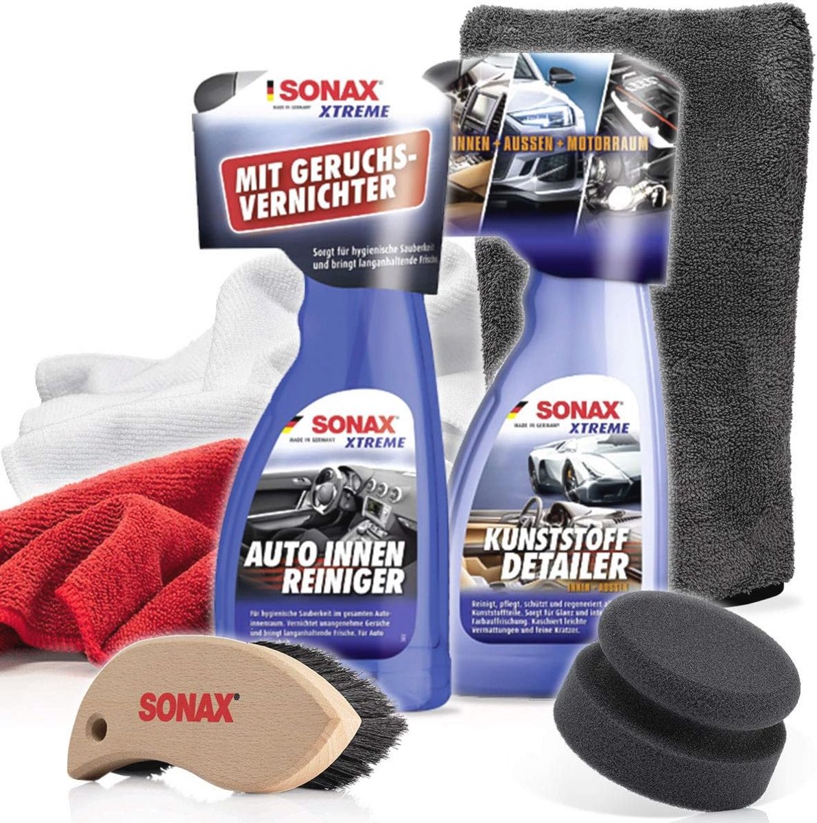 Autointerieurreiniger en Kunststof Detailer Set - 500 ml - Inclusief Microvezeldoeken en Leren Borstel