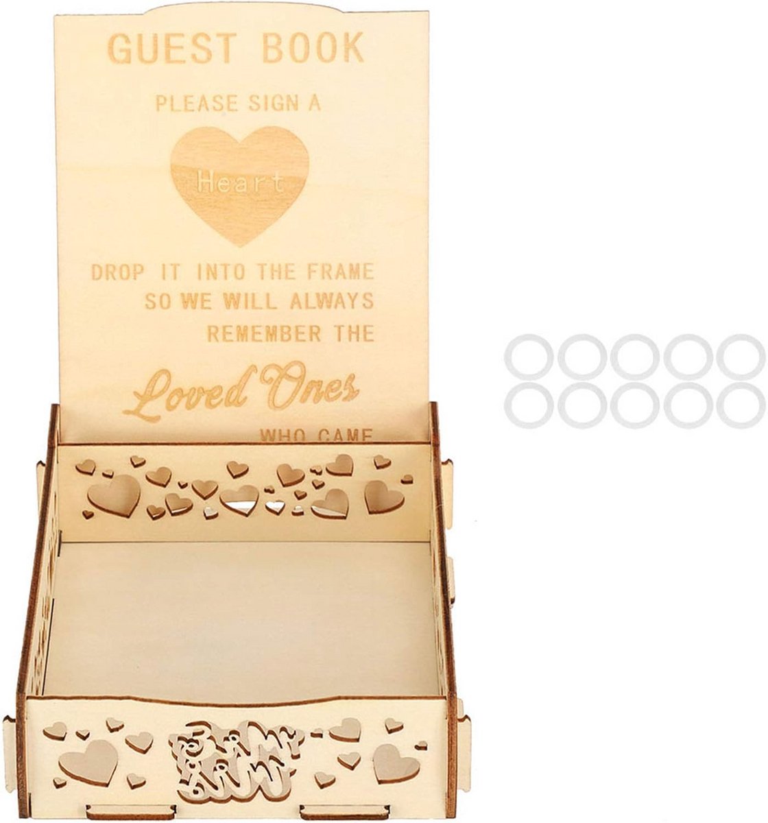 Houten Kaartendoos Gastenboek met Hartjes voor Bruiloft, Babyshower en Feesten