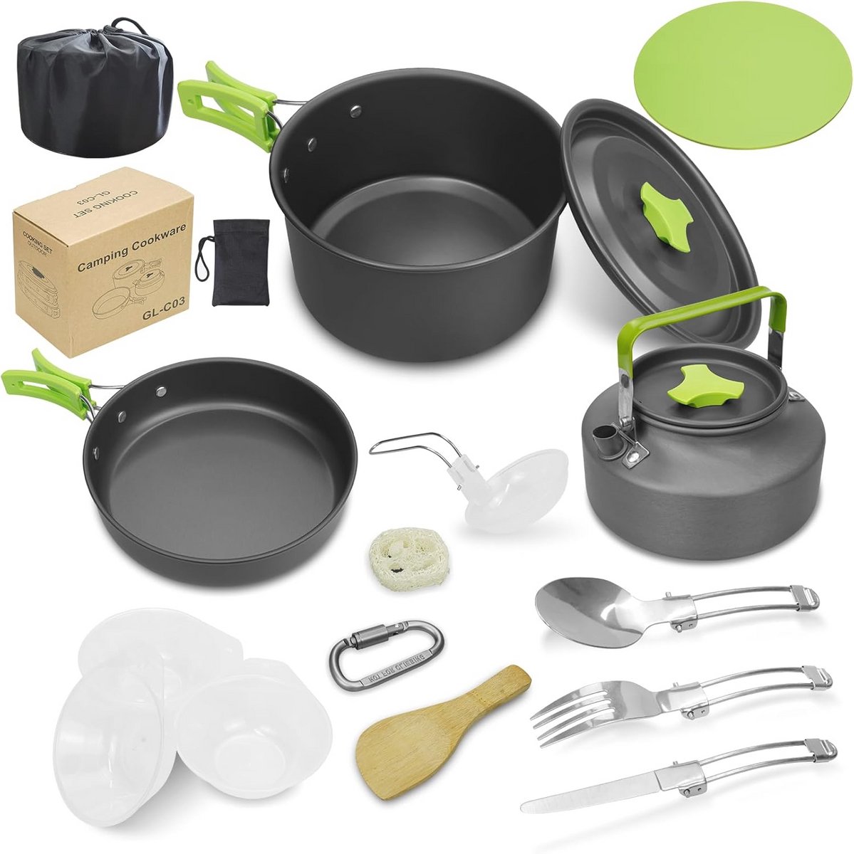 Draagbare aluminium outdoor kookset voor 2-3 personen met campingpotten, pannen, waterkoker en opbergtas