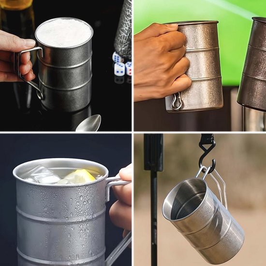 LNGJIN Camping cup made of steel, metal cup, camping wine glass, coffee cup with handle, stainless steel tea cup, vintage style camping cup, 380 ml, suitable as a party, camping gift and more. — afbeelding 2