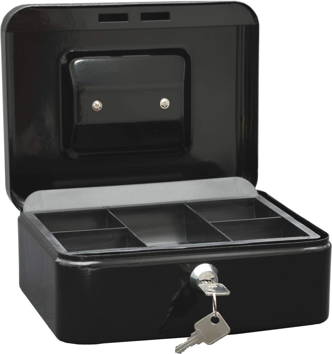 WEDO 145221X Geldcassette, van Gepoedercoat Staal, Inschuifbaar Handvat, 5-Vakken-Muntinzet, Veiligheidscilinderslot, 20 X 16 X 9 cm, Zwart
