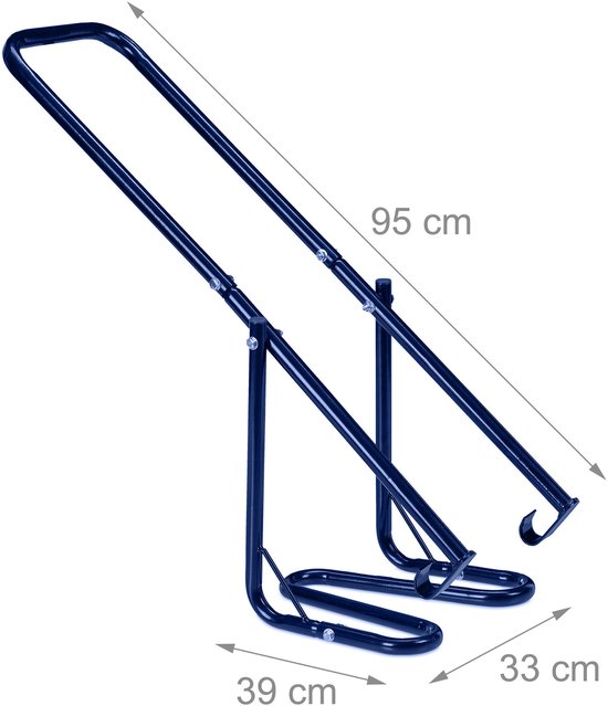 Blauwe metalen afvalpers met afmetingen 95 cm lang, 39 cm breed en 33 cm diep.