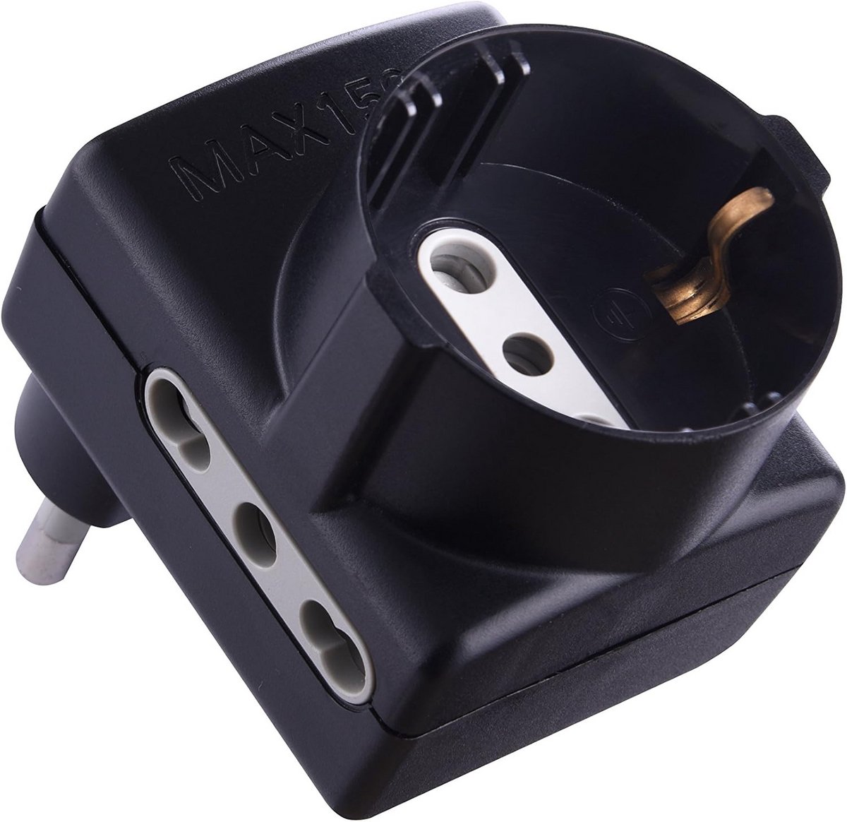 Ruimtebesparende adapter met 1 veiligheidsstopcontact en 2 tweewaardige stopcontacten, 10/16 A, 230 V, zwart