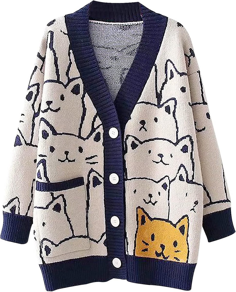 Dames Trui Oversized Kabelgebreid met V-Hals en Schattige Opdruk - Comfortabele Casual Vest
