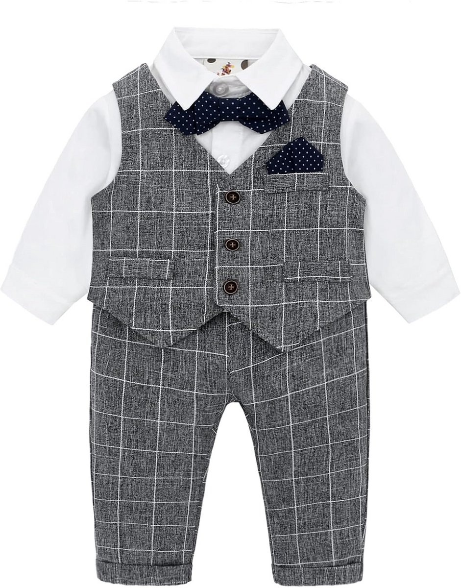 Baby Jongens Kostuum Overhemd met Vlinderdas en Vest - Grijs 80