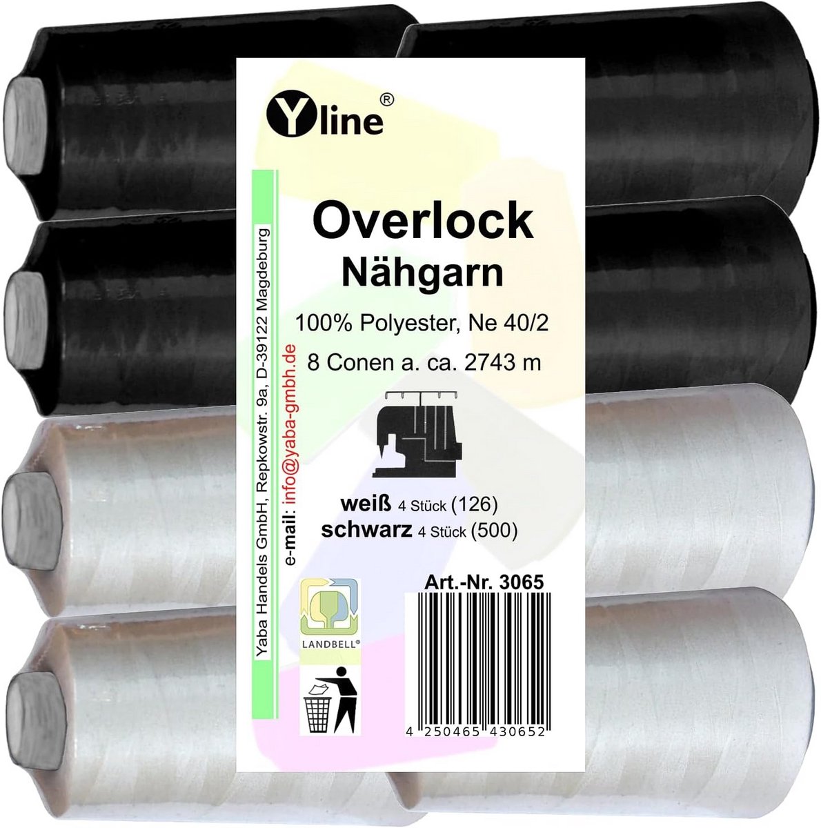 Set van 8 spoelen overlock naaigaren - 100% polyester in wit en zwart, 2743 m, NE 40/2