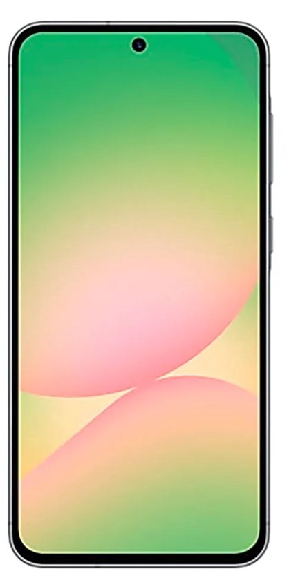 Grijze Samsung Galaxy A56 5G smartphone met een kleurrijk scherm.
