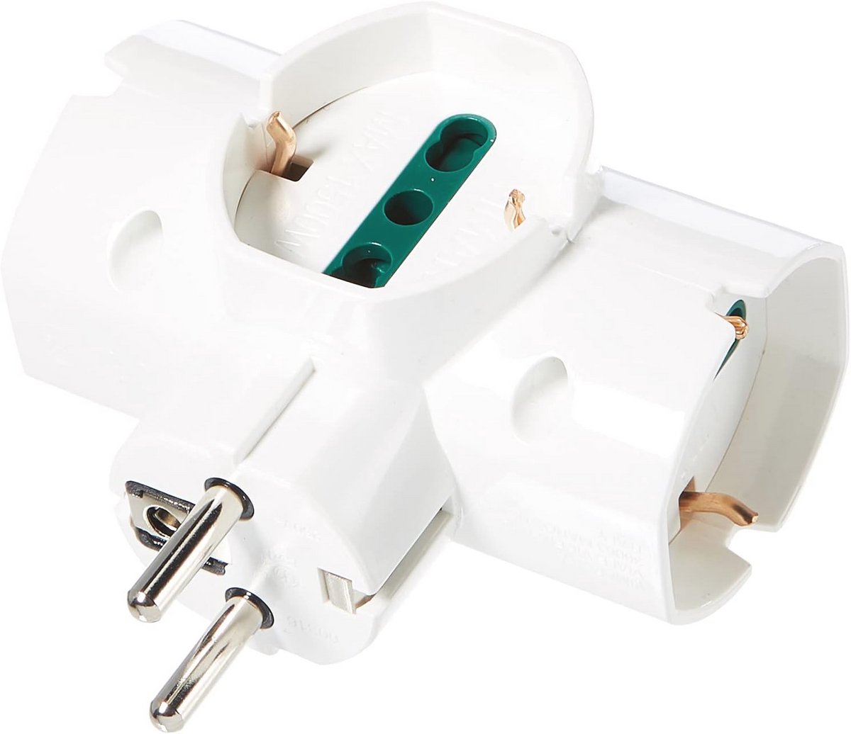 Verticale adapter voor stopcontact met 3 universele aansluitingen en veiligheidssluiting