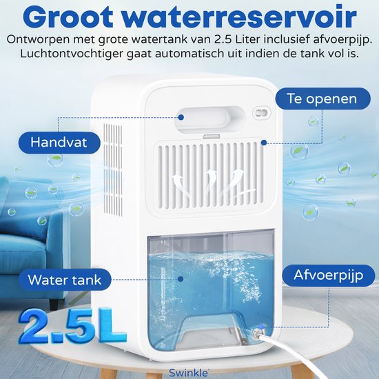 Witte luchtonvochtiger met verwijderbaar waterreservoir van 2.5L en handvat, in een woonkamer.