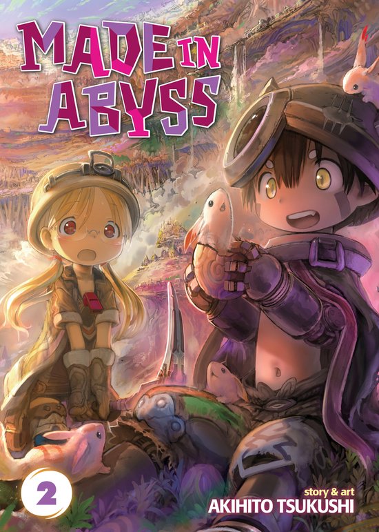 De kaft van 'Made in Abyss' Vol. 2 met Riko en Reg, omringd door wezens in een fantasiewereld.