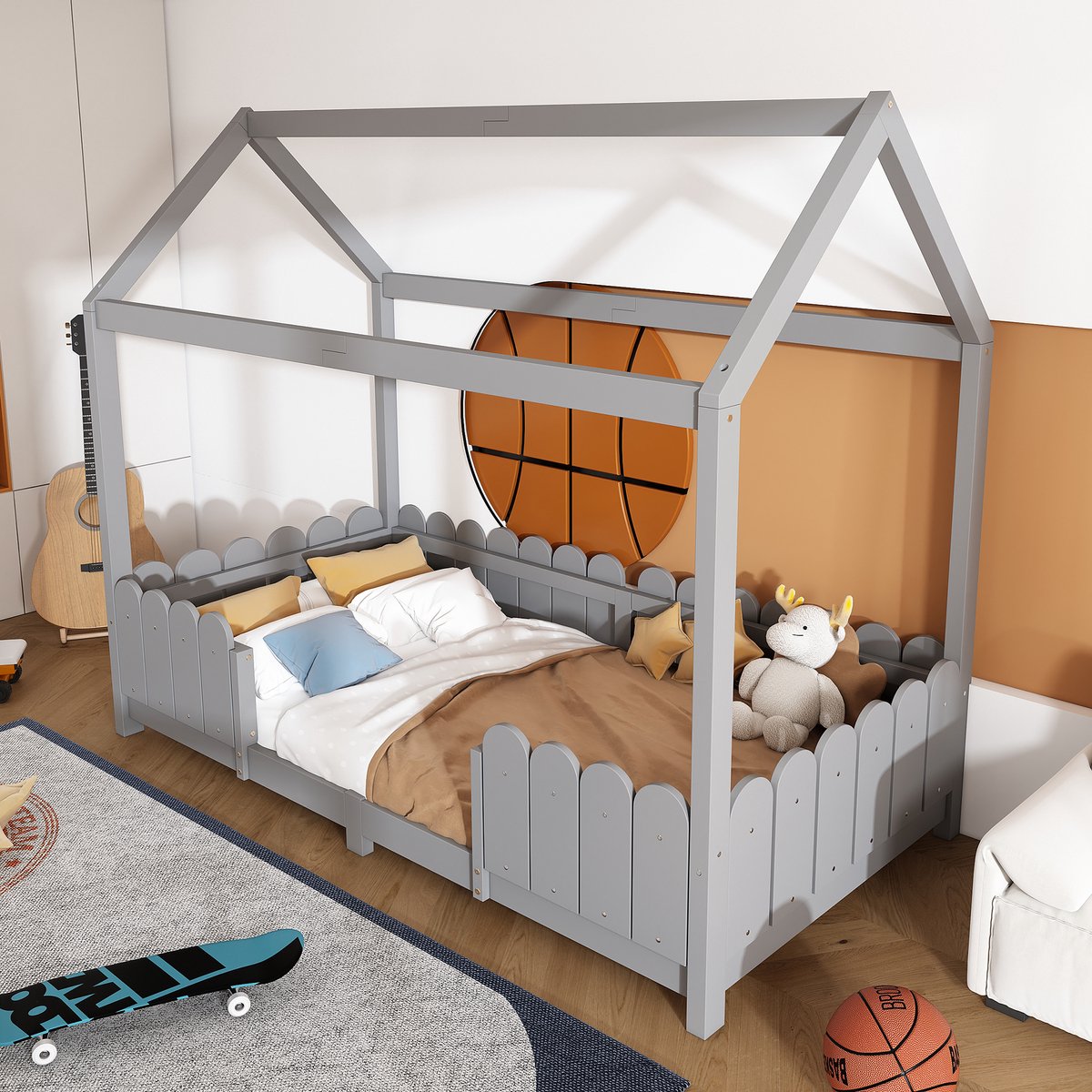 MODFU Ledikant 90x200 cm van massief dennenhout en MDF – grijs – huisvorm met zijbeveiliging – kinderkamer