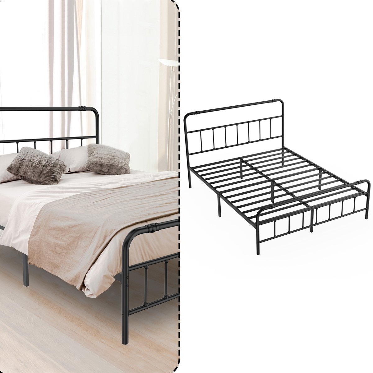 Aufun Metalen Bedframe 160x200 CM Met Hoofdbord - Stalen Bedgestel - Tweepersoonsbed - Geschikt Voor Slaapkamer En Logeerkamer - Zwart