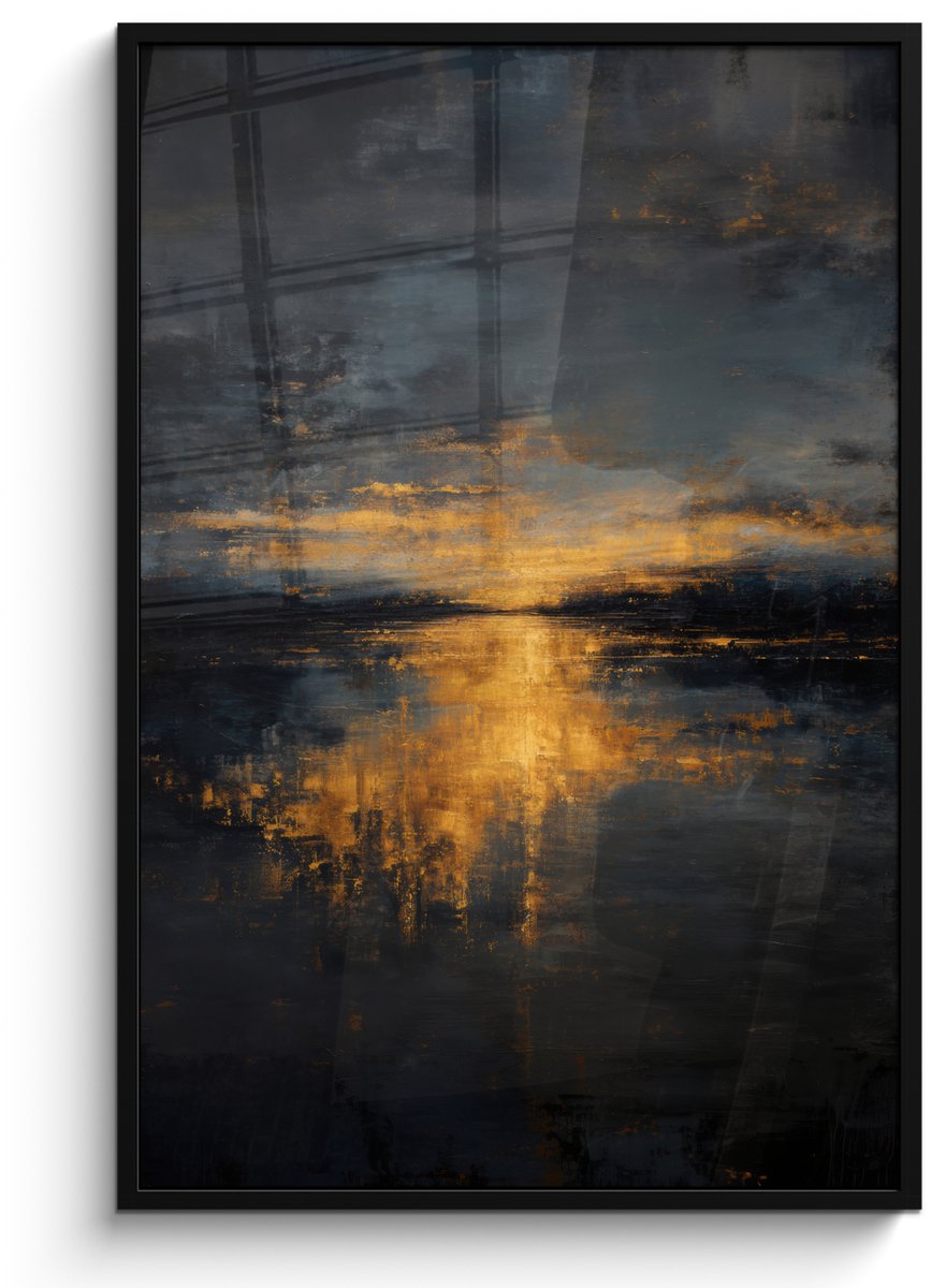 FrameYourWall Poster in lijst - Fotolijst 80x120 cm - Posters - Gouden Reflectie op Water - Posterlijst zwart - Decoratie - Wanddecoratie woonkamer - Muurdecoratie slaapkamer Water - Goud - Reflectie