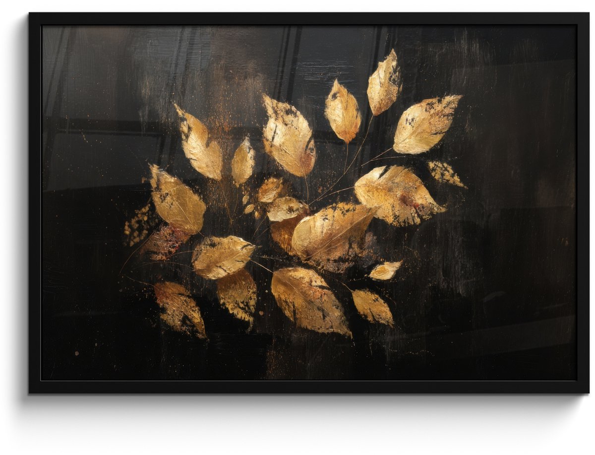 FrameYourWall Poster in lijst - Fotolijst 90x60 cm - Posters - Gouden Bladeren op Donkere Achtergrond - Posterlijst zwart - Decoratie - Wanddecoratie woonkamer - Muurdecoratie slaapkamer Bladeren - Goud