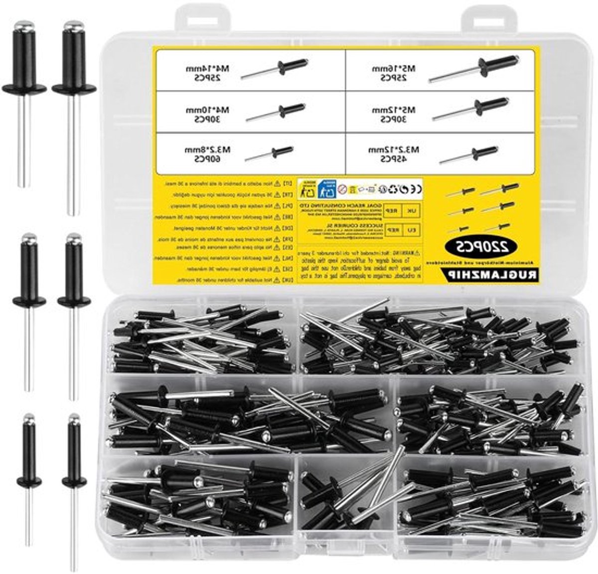Aluminium Popnagel Set 220 Stuks met Grote Flens voor Metaal Hout Kunststof - Zwart - Popnagel Assortiment met Platkop - Nagels M3,2/M4/M5 x 8/10/12/14/16mm