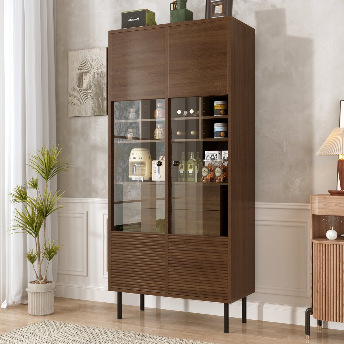 Vitrinekast - Multifunctioneel - Glasfront en Lade - Walnoot Optiek met Planken - Hout - Walnoot
