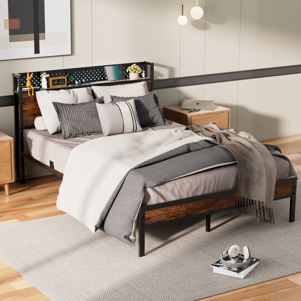 KUTAS Metalen Bedframe - Tweepersoonsbed 140x200 cm - Heavy Duty Metalen Bedframe - Met LED Verlichting - Stopcontacten - USB Poorten - Type C - Hoofdbord met Opbergruimte - Minimalistisch Bedframe - Stevig - Stil - Anti Slip Zwart