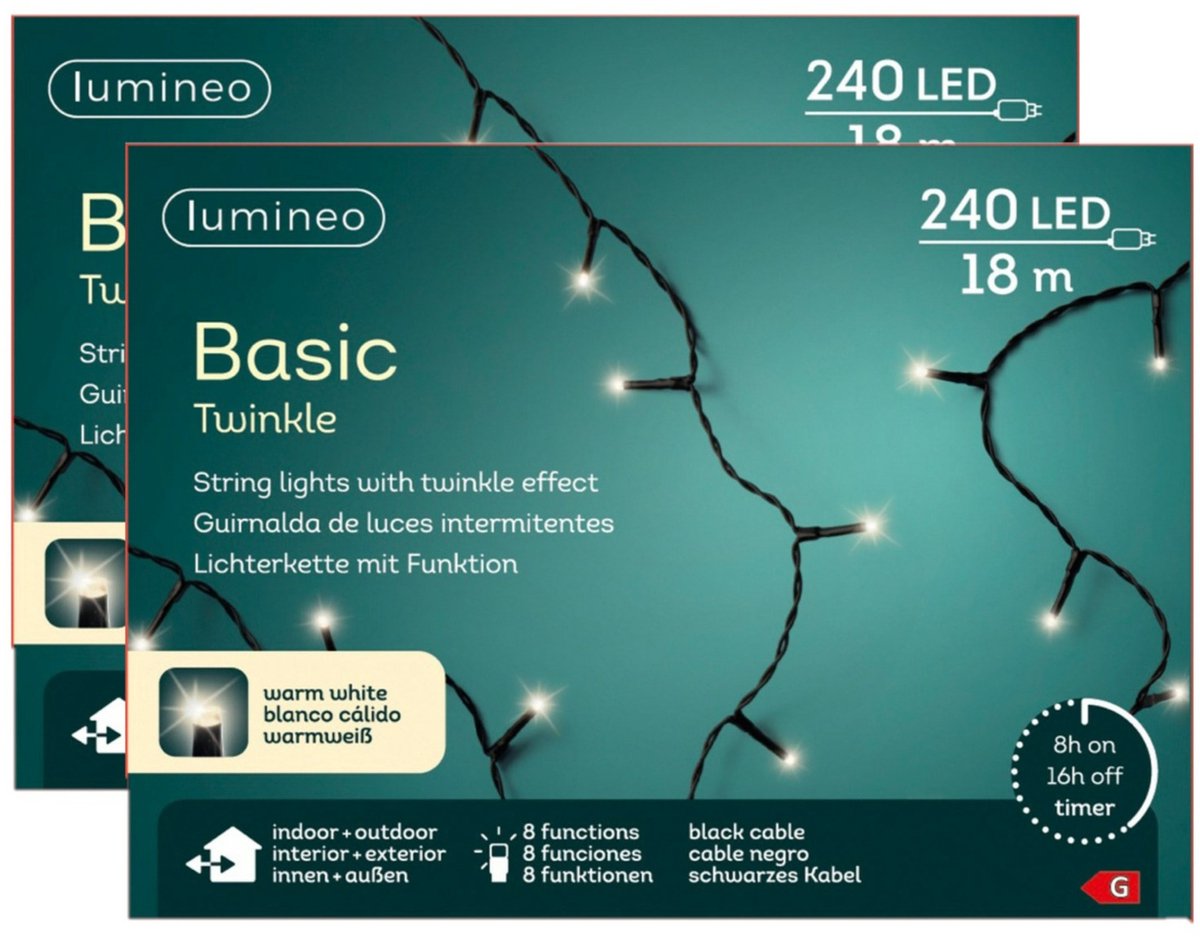 Kerstverlichting - 2 stuks - warm wit - 18 m - met timer - 240 leds