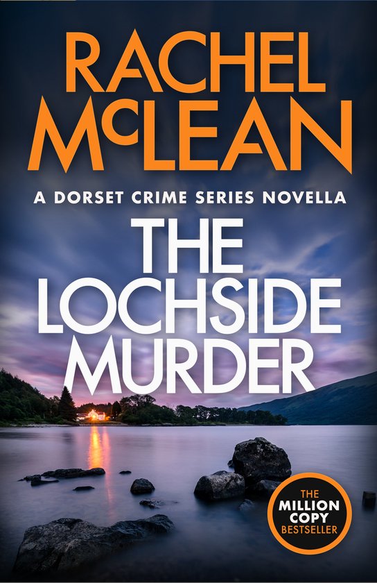 Boekomslag voor 'The Lochside Murder', een misdaadroman, met een donkere hemel boven een meer bij zonsondergang. Een huis aan de overkant van het meer verlicht.