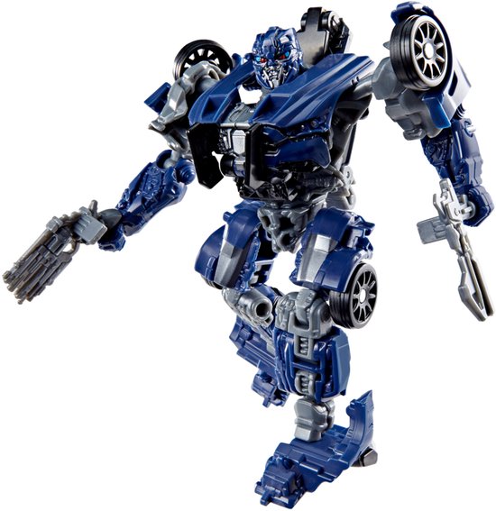 Een blauwe en grijze Transformers Barricade-actiefiguur in robotmodus, met wapens.