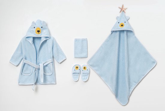 Baby Badset BEER 4-delig – Badjas, Badcape met Capuchon, Slofjes & Washand – 100% Katoen – Lichtblauw - 2-3 jaar