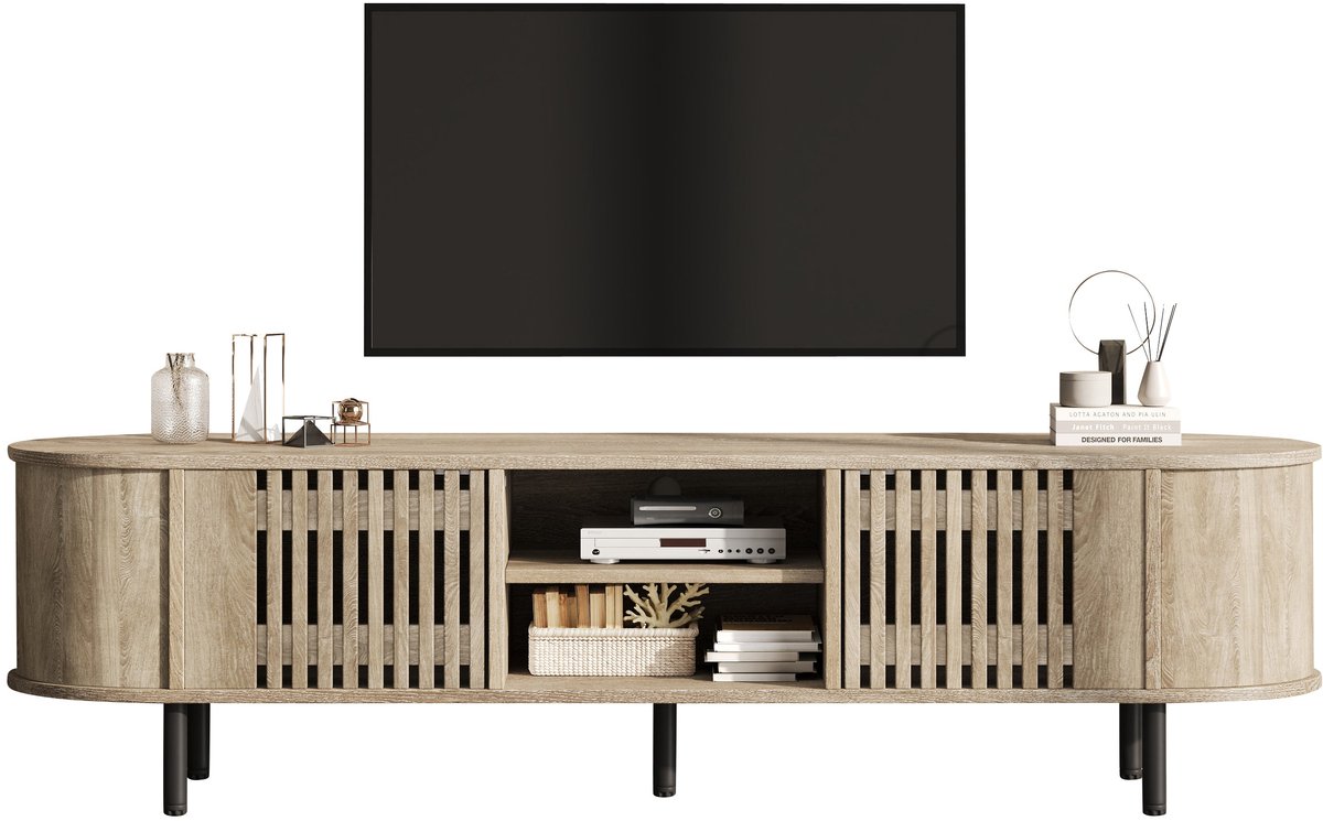 Merax Tv Meubel Houtkleur Met Lamellendeuren En Open Vakken - Televisiemeubel 160 X 40 X 47 Cm - Tv Kast Met Afgeronde Hoeken En 5 Poten - Geschikt Voor Tv Tot 65 Inch