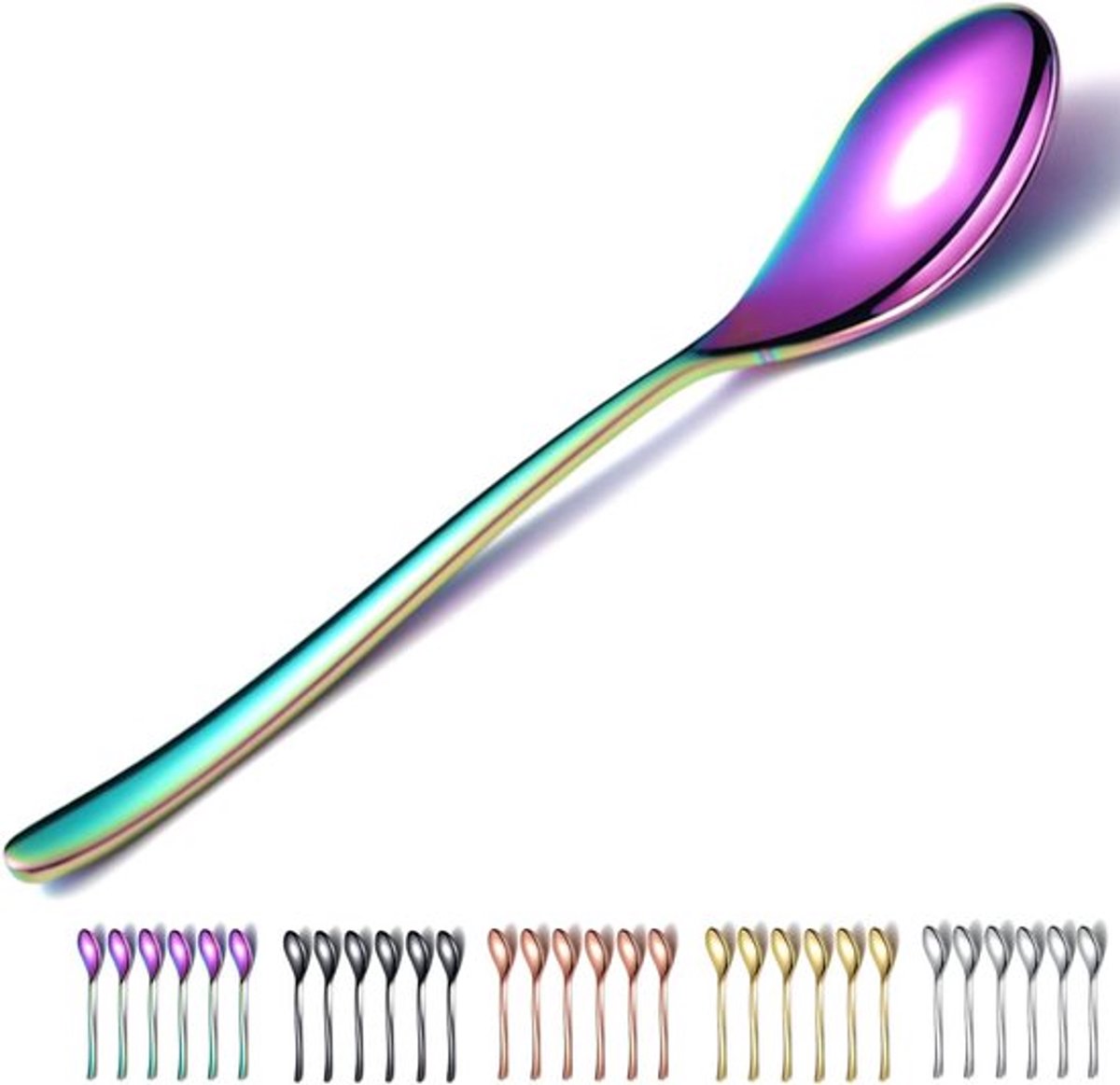 Regenboogkleurige Diner Lepels | Set van 6 stuks roestvrij staal | 21,5 cm | Titanium plating | Tafellepels, Soeplepels, Dessertlepels | Gemakkelijk schoon te maken