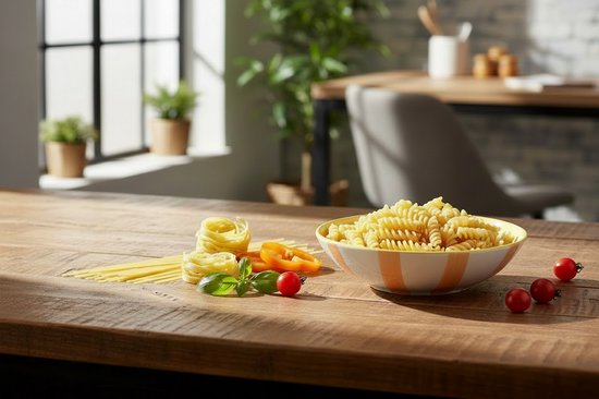 Een kom met oranje en gele strepen, met pasta, tomaten en kruiden op tafel.