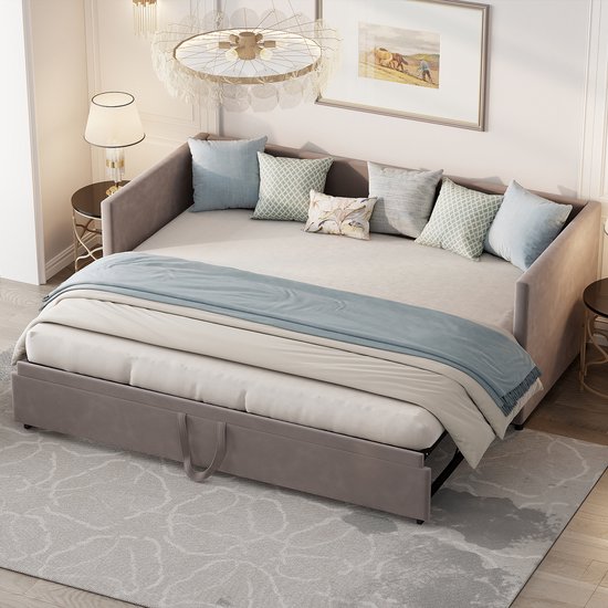 Opklapbare bank, slaapbank, gestoffeerd bed, 90/180*200 cm, 2-in-1 bank met lattenbodem, multifunctioneel bed, fluwelen stof, grijs/beige