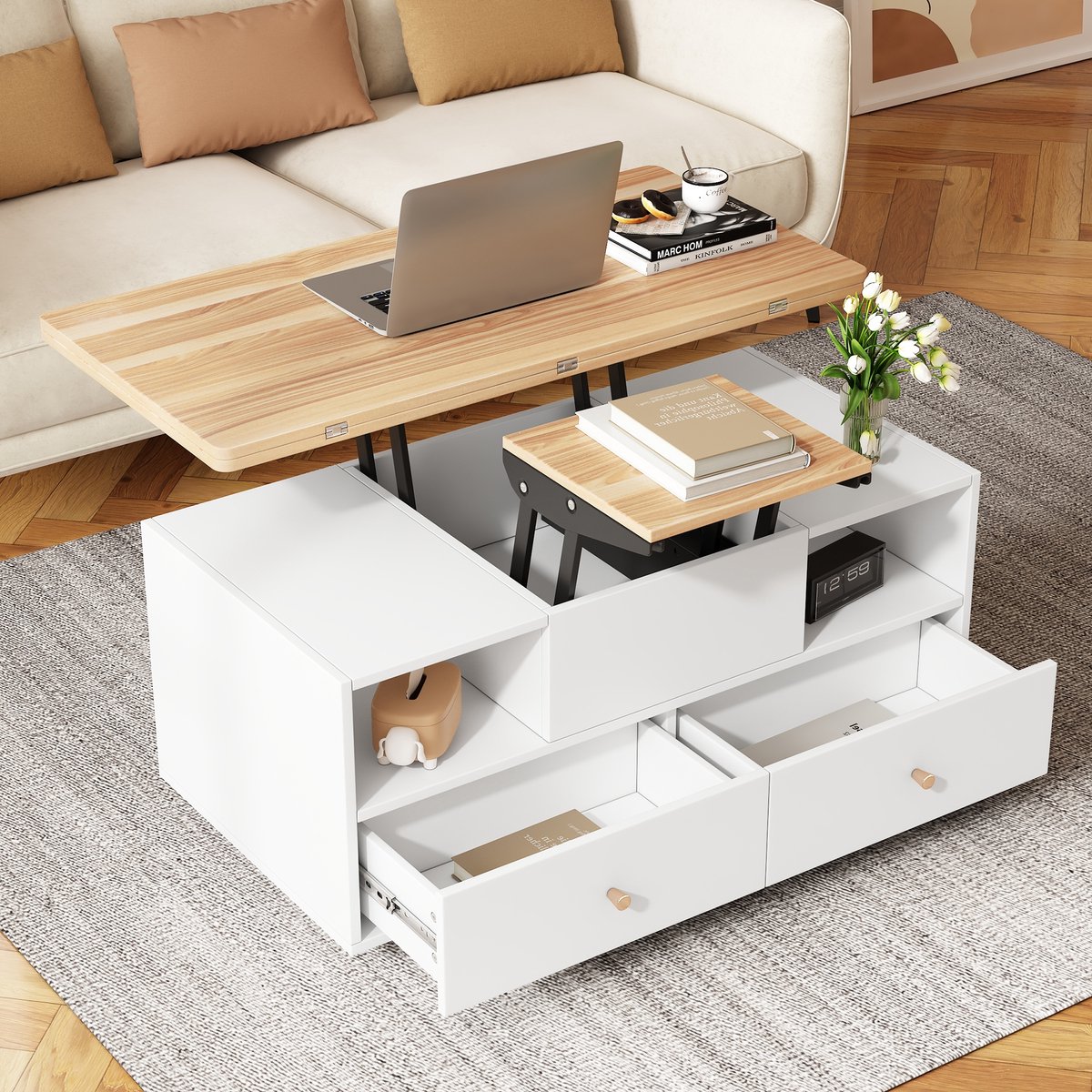Sweiko Salontafel - Houtnerf - Verstelbaar tafelblad - 4 lades - Met wieltjes - Wit + Natuurlijke